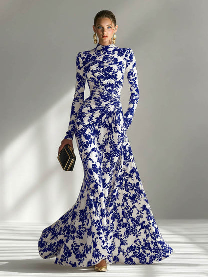 Casual Abstract Print Hoge Hals Plissé Zeemeermin Maxi Jurk