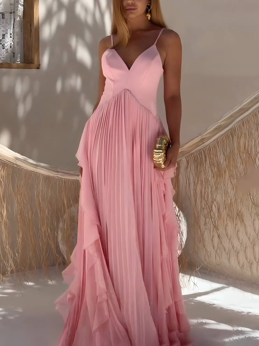 Delicate Roze Laagjes Patchwork Rimpel Maxi Jurk