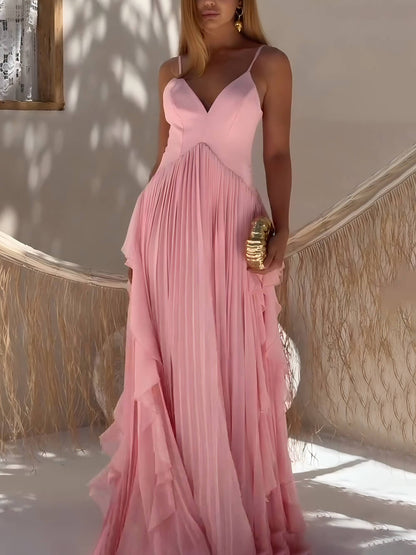 Delicate Roze Laagjes Patchwork Rimpel Maxi Jurk