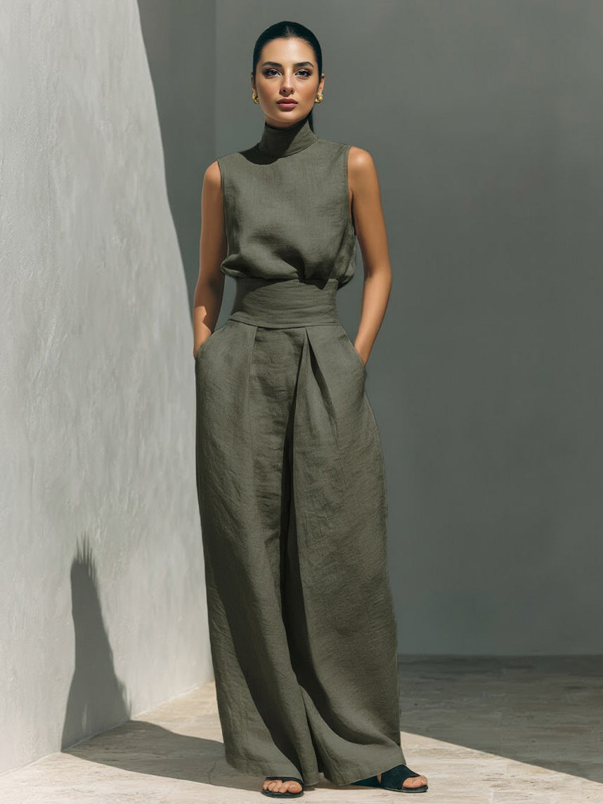 Elegante Linnen Hoge Hals Top & Brede Pijpen Broek Twee-Delige Set