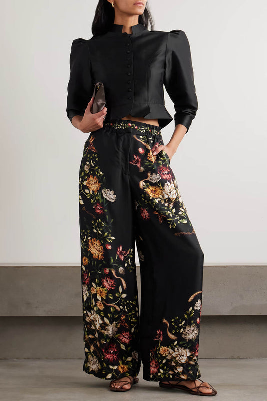 Exquise Gerimpelde Twill Crop Top & Bloemen Satijnen Wijde Broek Set
