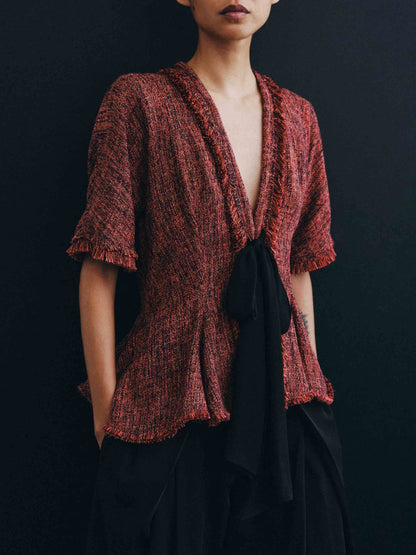 Tweed Peplum Top & Zwarte Shorts Twee-Delige Set