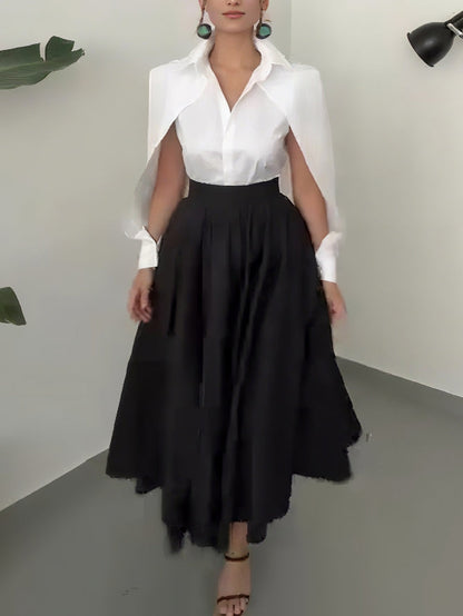 Elegante Cape-Schouder Shirt En Asymmetrische A-Lijn Midi Rok Set