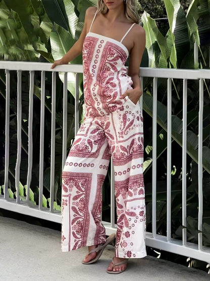 Moderne Unieke Bloemenprint Hoge Taille Pocket Wijde Pijpen Broek