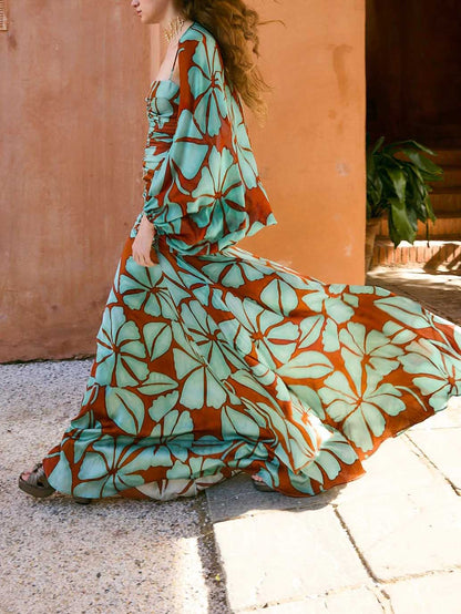Bohemian Tropisch Bladprint Satijnen Maxi Jurk Twee-Delige Set