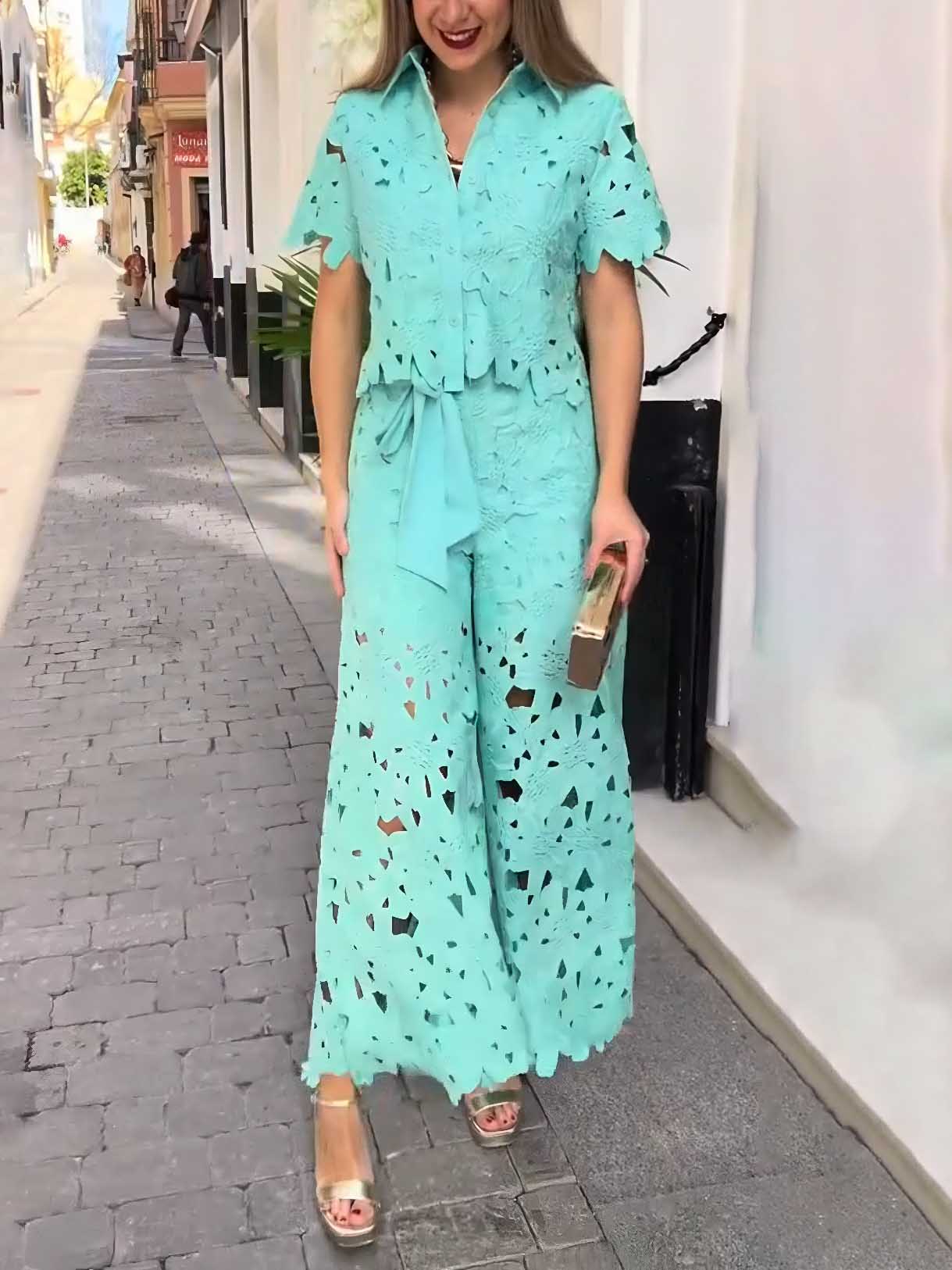 Casual Cutout Kanten Shirt & Wijde Pantalon Twee-Piece Set
