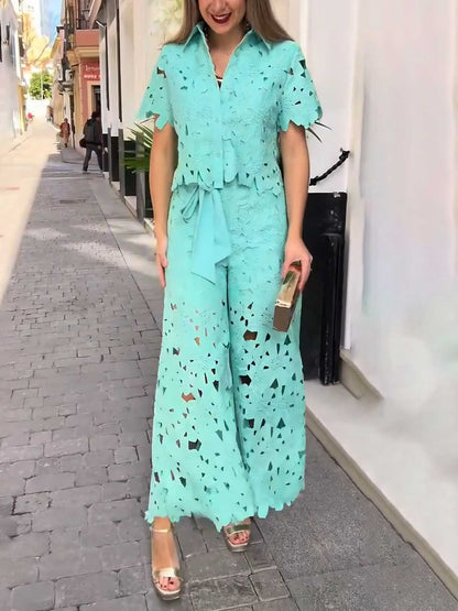 Casual Cutout Kanten Shirt & Wijde Pantalon Twee-Piece Set