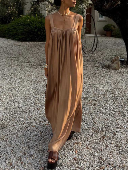 Elegante Vloeiende Plissé Spaghetti Band Maxi Jurk