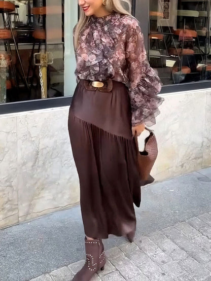 Elegante Bloemige Rimpel Chiffon Shirt En Rok Twee-delige Set