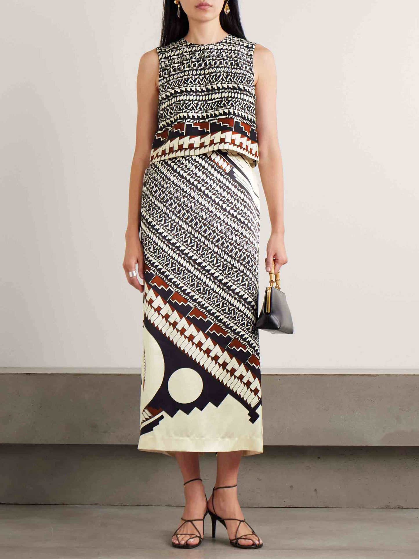 Geometrische Print Satijnen Crop Top & Midi Rok Twee-delige Set