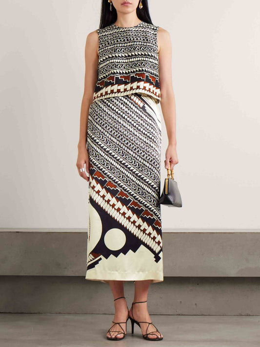 Geometrische Print Satijnen Crop Top & Midi Rok Twee-delige Set