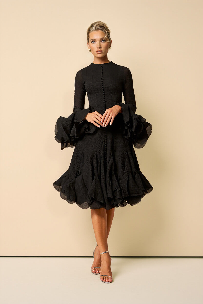 Elegante Zwarte Midi-jurk met Rimpelrand en Belmouwen