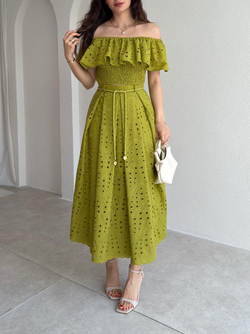 Exquise Uitgesneden Borduursel Off-Shoulder Ruffle Twee-Piece Crop Set