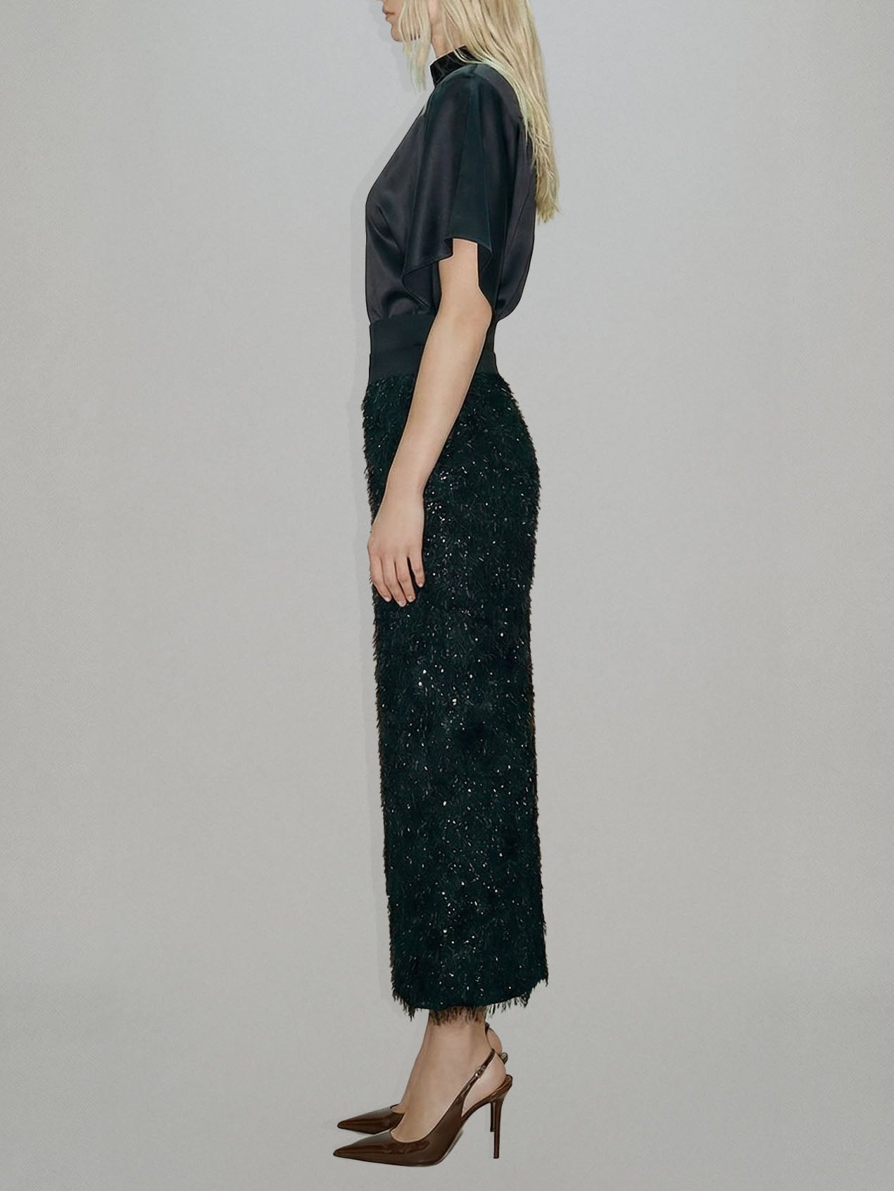 Elegante Satijnen Top & Pailletten Veren Midi Rok Twee-Delige Set