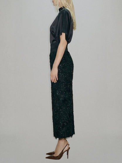 Elegante Satijnen Top & Pailletten Veren Midi Rok Twee-Delige Set