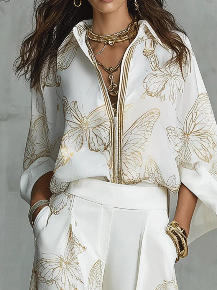 Elegante Vlinderprint Zip-Up Top & Wijde Pantalon Set