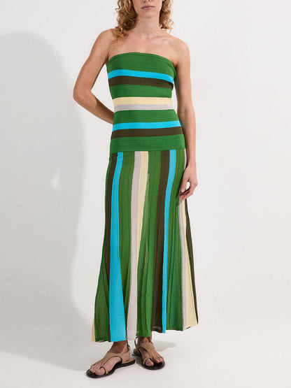 Strapless Gestreepte Strapless Gebreide Maxi Jurk