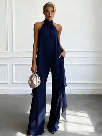 Elegante Halternek Asymmetrische Chiffon Top & Wijde Broek Set