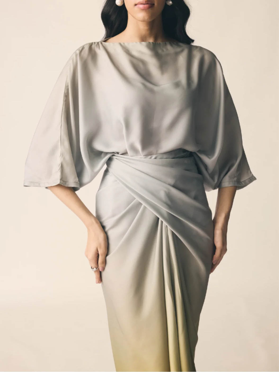 Elegante Gradient Draped Top En Geplooide Lange Rok Twee-delige Set