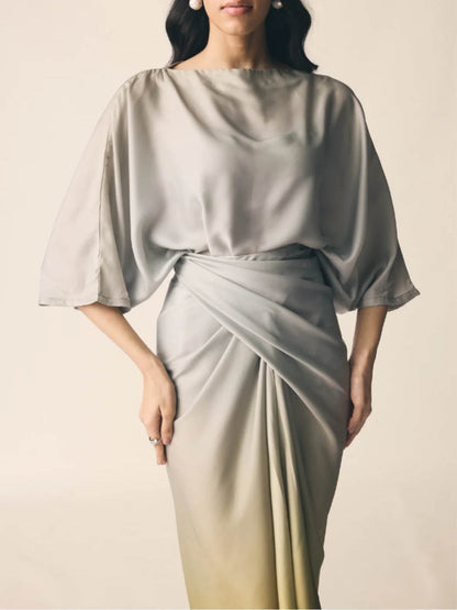 Elegante Gradient Draped Top En Geplooide Lange Rok Twee-delige Set
