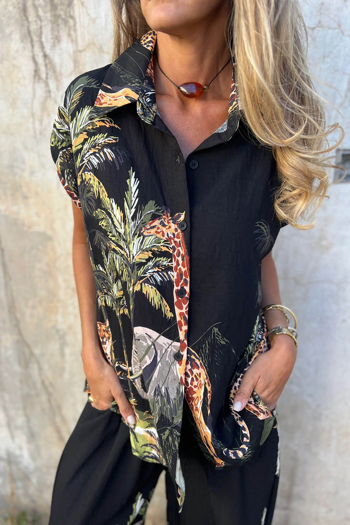 Unieke Jungle Print Elastische Taille Zak Brede Pantalon