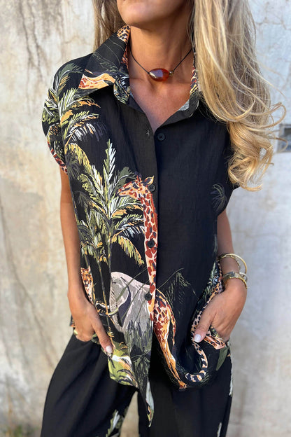 Unieke Jungle Print Elastische Taille Zak Brede Pantalon