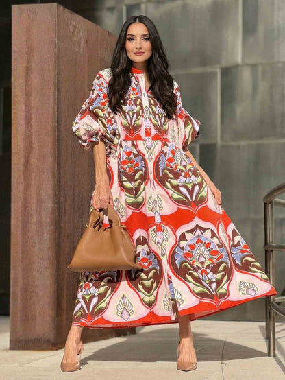 Exquise Bohemian Print Shirt-Stijl Midi Jurk