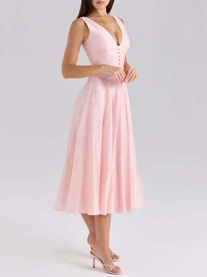 Elegante V-hals Chiffon Knopen Midi Jurk