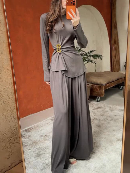 Elegante Top met Lange Mouwen & Brede Pijpen Twee-Piece Set