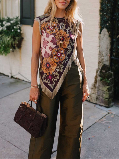 Unieke Retro Bloemenprint Tassel Vest Twee-delige Set
