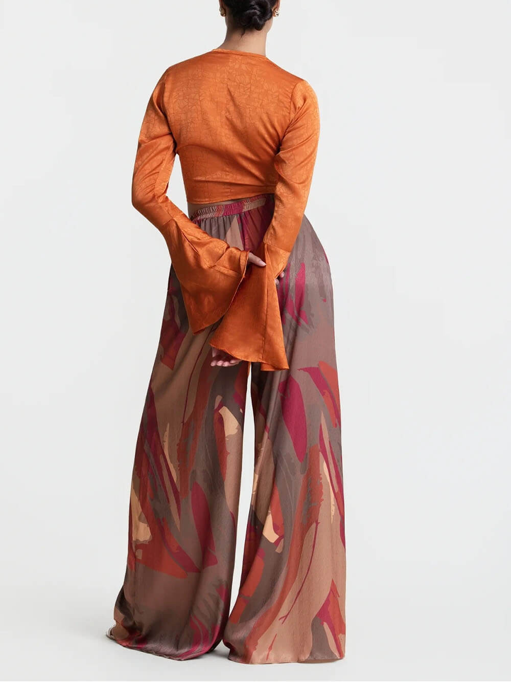 Casual Bell-Sleeve Tie-Up Top met Kleurrijke Print Hoge Taille Wijde Broek Set