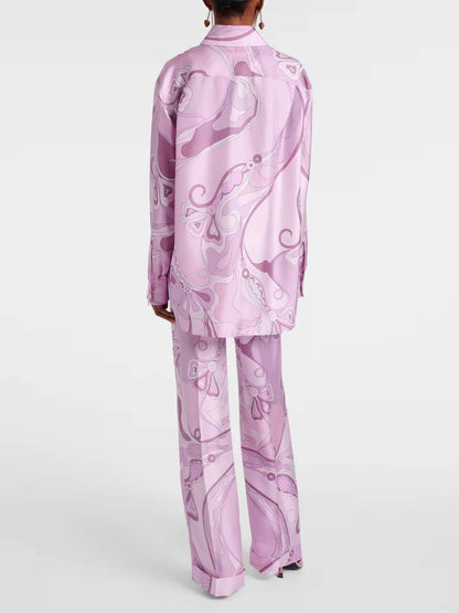 Exquise Orchidee Print Satijn Twill Knop Shirt & Rechte Pantalon Set