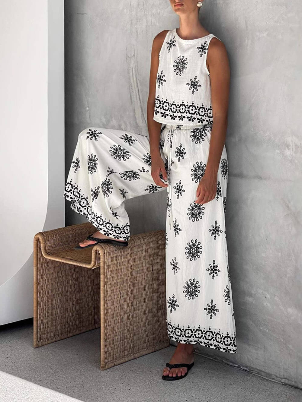 Modieuze en Casual Unieke Geprinte Linnen Vest Brede Pantalon Set