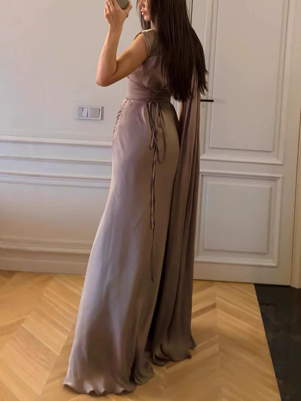 Elegante Gedrapeerde Sash Satijnen Avondjurk Maxi Dress