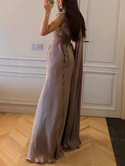 Elegante Gedrapeerde Sash Satijnen Avondjurk Maxi Dress