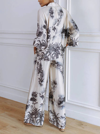 Unieke Bloemenprint Losse Top En Elastische Taille Wijde Broek Set