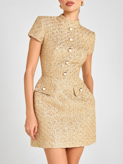 Elegante Kraag met Knopdetails Korte Mouw Feest Mini Jurk