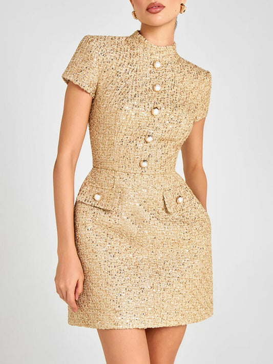 Elegante Kraag met Knopdetails Korte Mouw Feest Mini Jurk