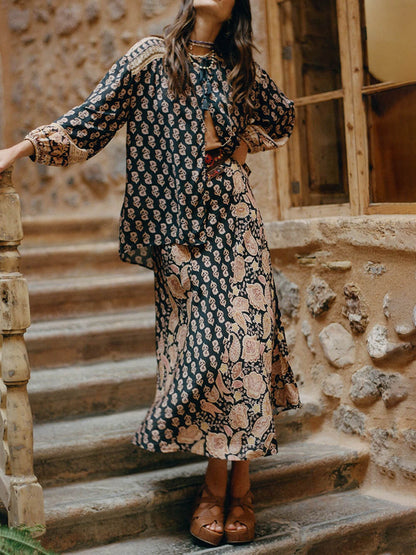 Boho Gedrukt Drapeer Shirt En Hoge Taille Maxi Rok Set