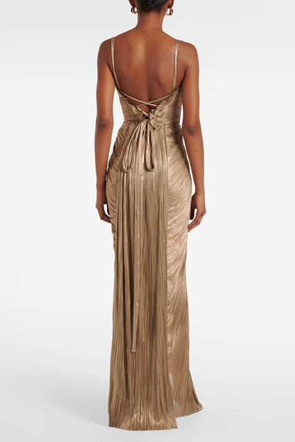 Elegante Geplooide Metalen Tailleband Party Split Gown Maxi Jurk