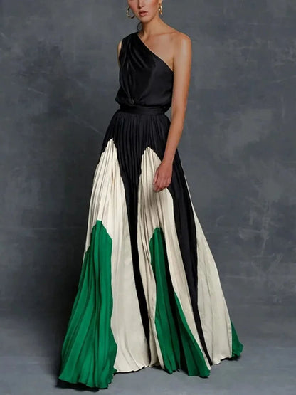 Elegante Maxi Jurk met Één Schouder en Kleurblokken