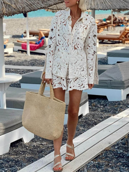 Vintage Exquise Kant Haak Slit Mouw Top En Shorts Set