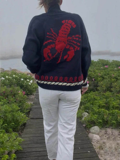 Unieke Mode Kreeftenprint Casual Lange Mouw Brei Cardigan