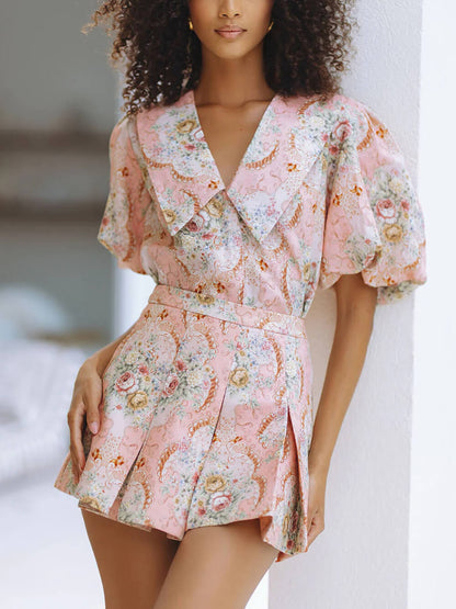 Delicate Bloemenprint Linnen Top En Plissé Mini Shorts Set