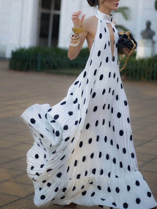 Elegante Polka Dot Rugloze Halter Avondjurk Maxi Jurk
