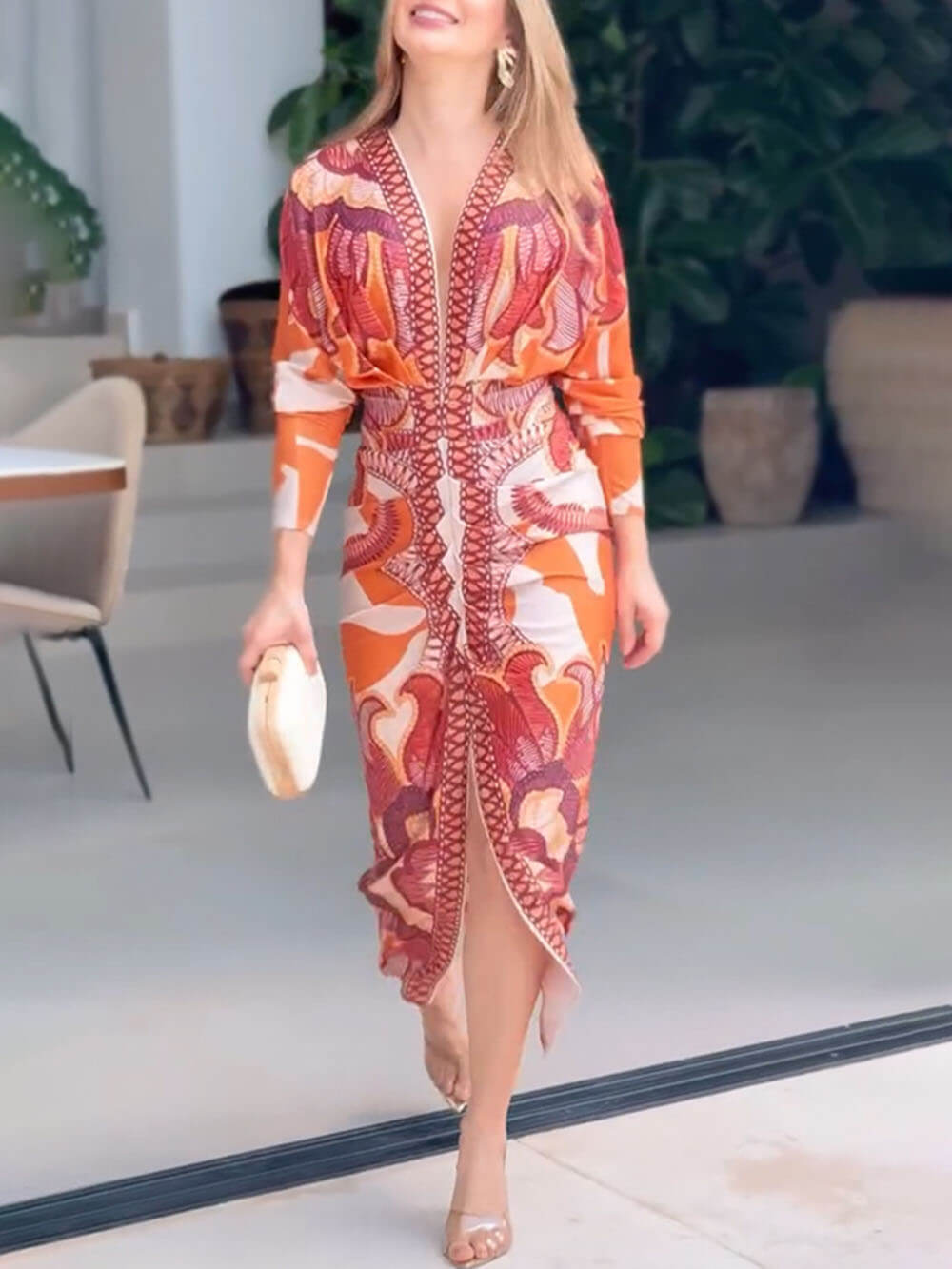 Elegante Bloemenprint Sexy V-Hals Lange Mouwen Split Jurk