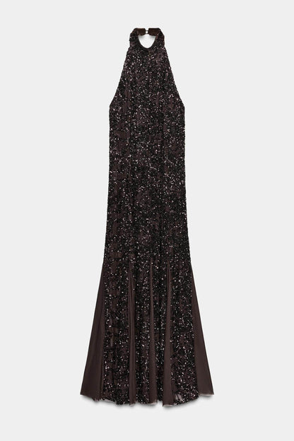 Elegante Mode Off-Shoulder Pailletten Spaghetti Maxi Jurk