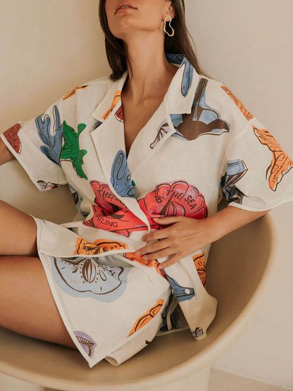 Classic Casual Linnen Bloemenprint Shirt En Mini Rok Set