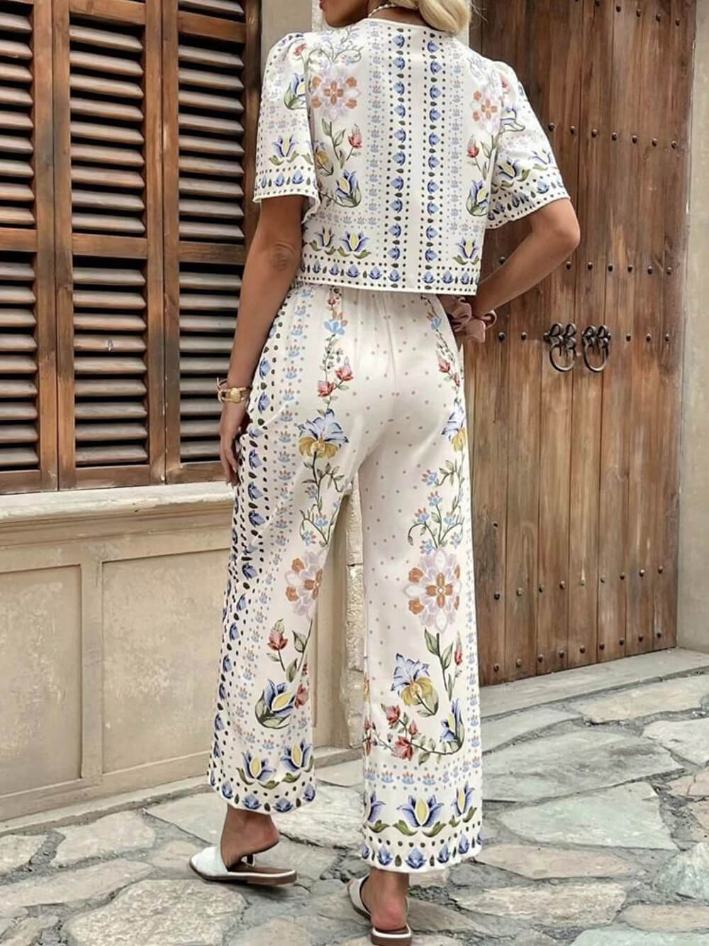 Unieke Bloemenprint Tie-Front Top Hoge Taille Rechte Broek Set