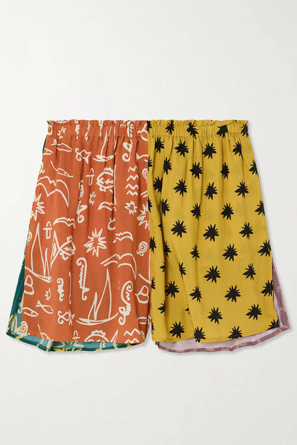 Uniek Gedrukt Crêpe Shirt en Elastische Taille Shorts Set
